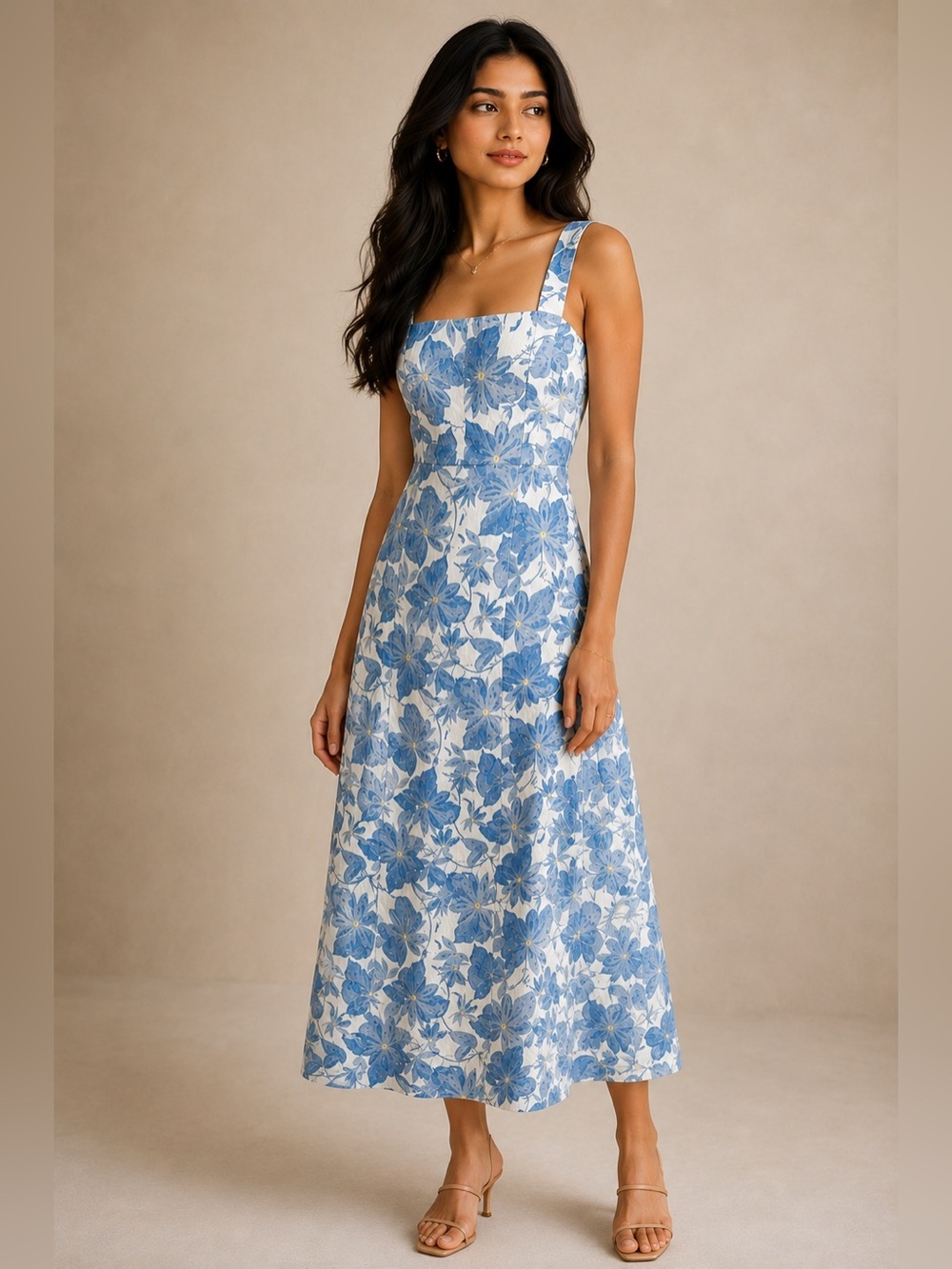 Adelyn Rae Blue & White Floral Jacquard Midi Dress with Square Neckline